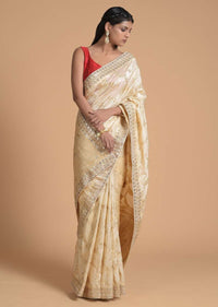 Gold Beige Saree In Silk With Brocade Floral Jaal And Cut Dana Highlights Online - Kalki Fashion