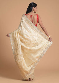 Gold Beige Saree In Silk With Brocade Floral Jaal And Cut Dana Highlights Online - Kalki Fashion