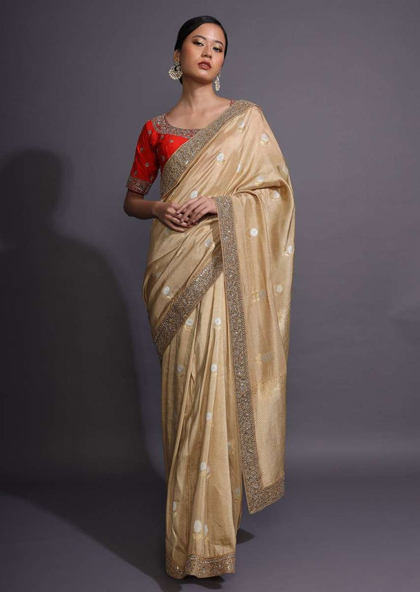 Gold Beige Saree In Silk With Weaved Buttis And Zardozi Border Online - Kalki Fashion