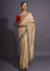 Gold Beige Saree In Silk With Weaved Buttis And Zardozi Border Online - Kalki Fashion