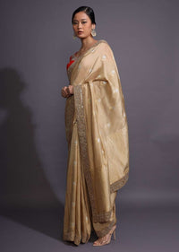 Gold Beige Saree In Silk With Weaved Buttis And Zardozi Border Online - Kalki Fashion