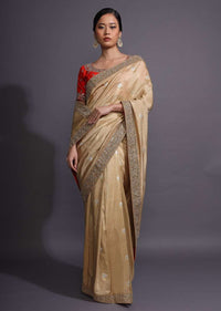 Gold Beige Saree In Silk With Weaved Buttis And Zardozi Border Online - Kalki Fashion