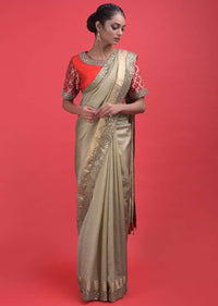 Gold Beige Saree In Silk With Weaved Checks And Embellished Border Online - Kalki Fashion