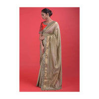 Gold Beige Saree In Silk With Weaved Checks And Embellished Border Online - Kalki Fashion