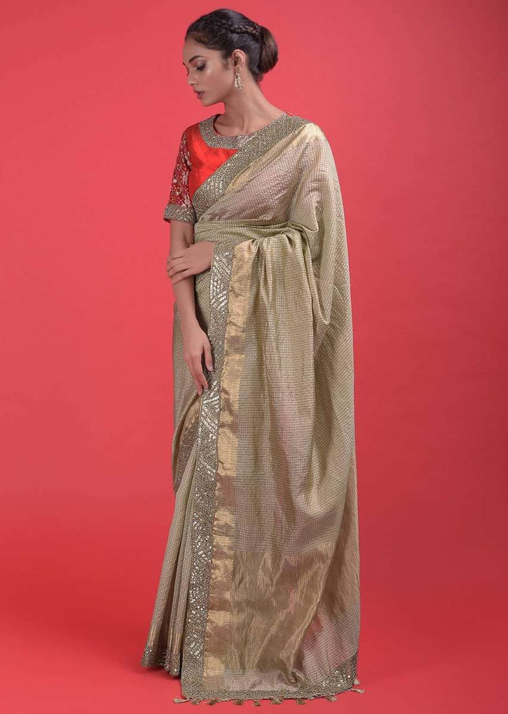 Gold Beige Saree In Silk With Weaved Checks And Embellished Border Online - Kalki Fashion