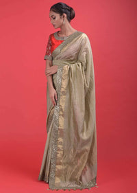 Gold Beige Saree In Silk With Weaved Checks And Embellished Border Online - Kalki Fashion