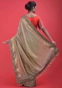 Gold Beige Saree In Silk With Weaved Checks And Embellished Border Online - Kalki Fashion