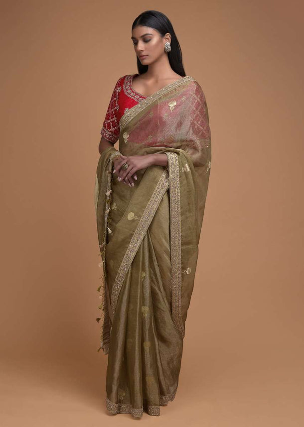 Gold Beige Saree In Tissue Silk With Weaved Floral Buttis And Bandhani Printed Blouse Online - Kalki Fashion