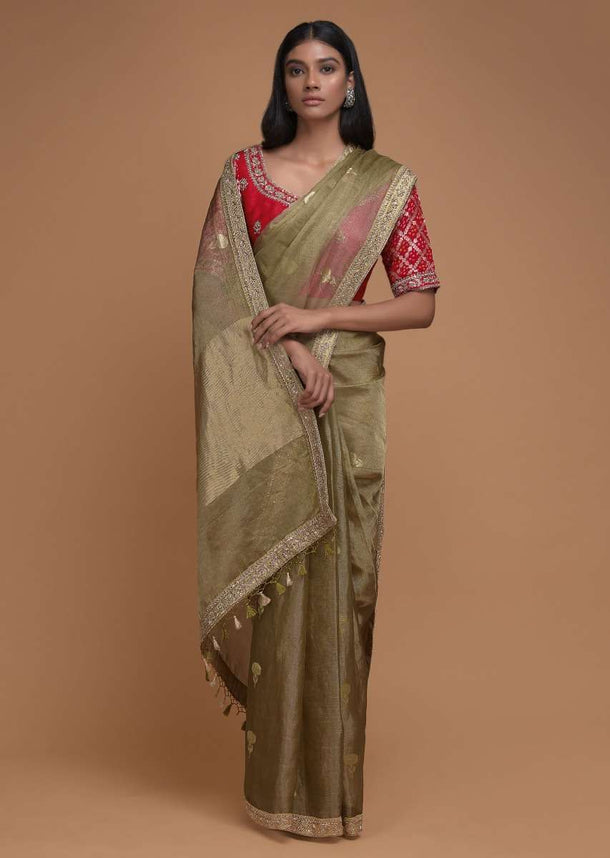 Gold Beige Saree In Tissue Silk With Weaved Floral Buttis And Bandhani Printed Blouse Online - Kalki Fashion