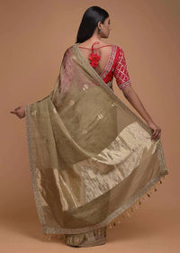 Gold Beige Saree In Tissue Silk With Weaved Floral Buttis And Bandhani Printed Blouse Online - Kalki Fashion