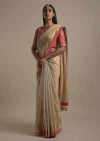 Gold Beige Saree In Zari Kota Silk With Red Scallop Border And Tassels On The Pallu Online - Kalki Fashion