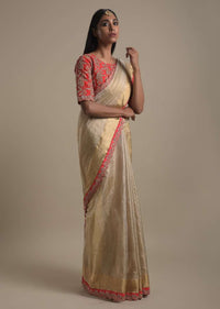 Gold Beige Saree In Zari Kota Silk With Red Scallop Border And Tassels On The Pallu Online - Kalki Fashion