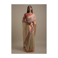 Gold Beige Saree In Zari Kota Silk With Red Scallop Border And Tassels On The Pallu Online - Kalki Fashion