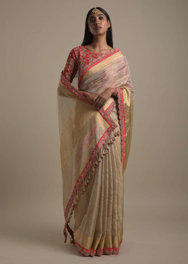 Gold Beige Saree In Zari Kota Silk With Red Scallop Border And Tassels On The Pallu Online - Kalki Fashion