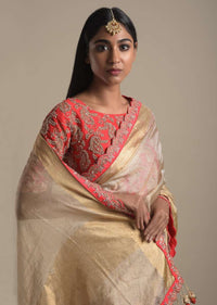 Gold Beige Saree In Zari Kota Silk With Red Scallop Border And Tassels On The Pallu Online - Kalki Fashion