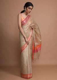 Gold Beige Saree In Zari Kota Silk With Resham Embroidered Floral Buttis And Contrasting Weaved Border