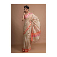 Gold Beige Saree In Zari Kota Silk With Resham Embroidered Floral Buttis And Contrasting Weaved Border