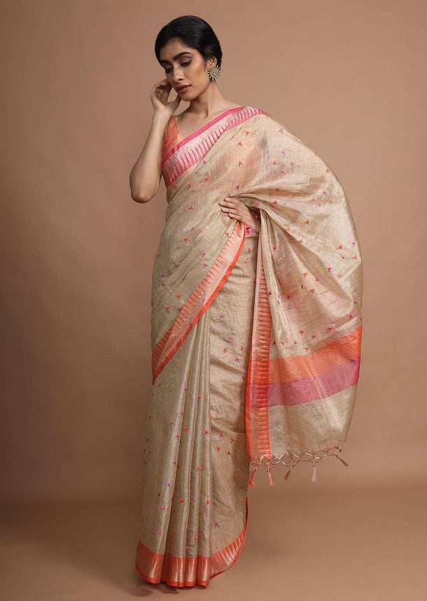 Gold Beige Saree In Zari Kota Silk With Resham Embroidered Floral Buttis And Contrasting Weaved Border