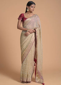 Gold Beige Saree In Zari Kota Silk With Woven Checks Design And Red Lace On The Border Online - Kalki Fashion