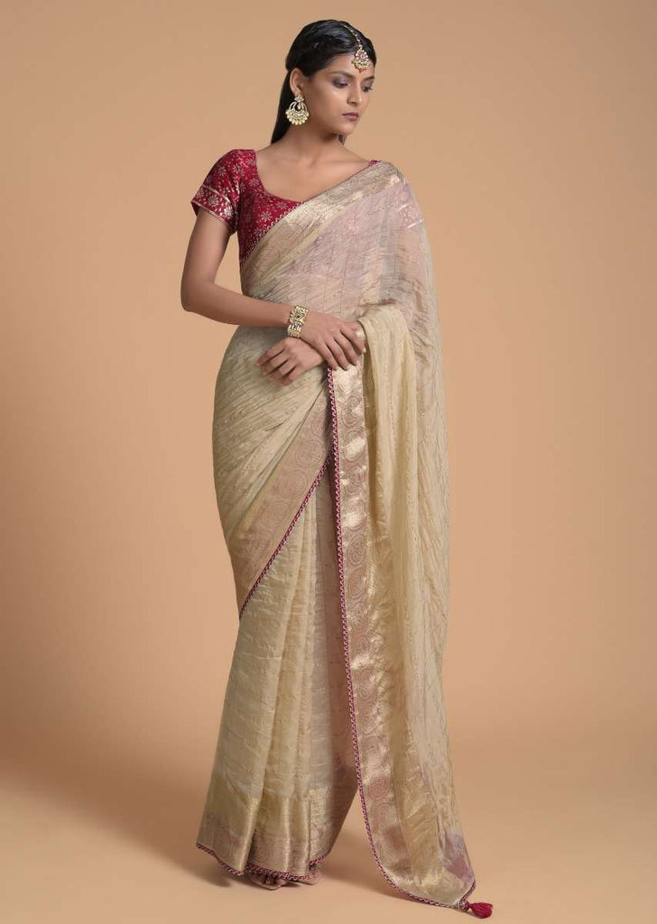 Gold Beige Saree In Zari Kota Silk With Woven Checks Design And Red Lace On The Border Online - Kalki Fashion