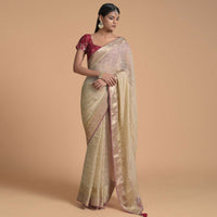 Gold Beige Saree In Zari Kota Silk With Woven Checks Design And Red Lace On The Border Online - Kalki Fashion