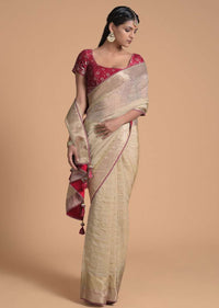 Gold Beige Saree In Zari Kota Silk With Woven Checks Design And Red Lace On The Border Online - Kalki Fashion