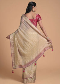 Gold Beige Saree In Zari Kota Silk With Woven Checks Design And Red Lace On The Border Online - Kalki Fashion