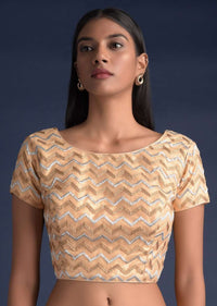 Gold Blouse In Net With Silver And Gold Zari Embroidered Chevron Pattern Online - Kalki Fashion