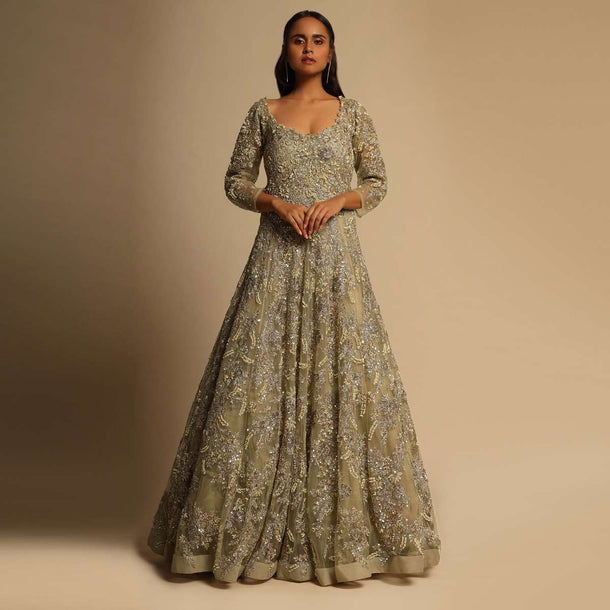 Gold Bridal Gown In Net Heavily Embroidered With Zari, Sequins And Moti Embroidered Floral Design All Over Online - Kalki Fashion