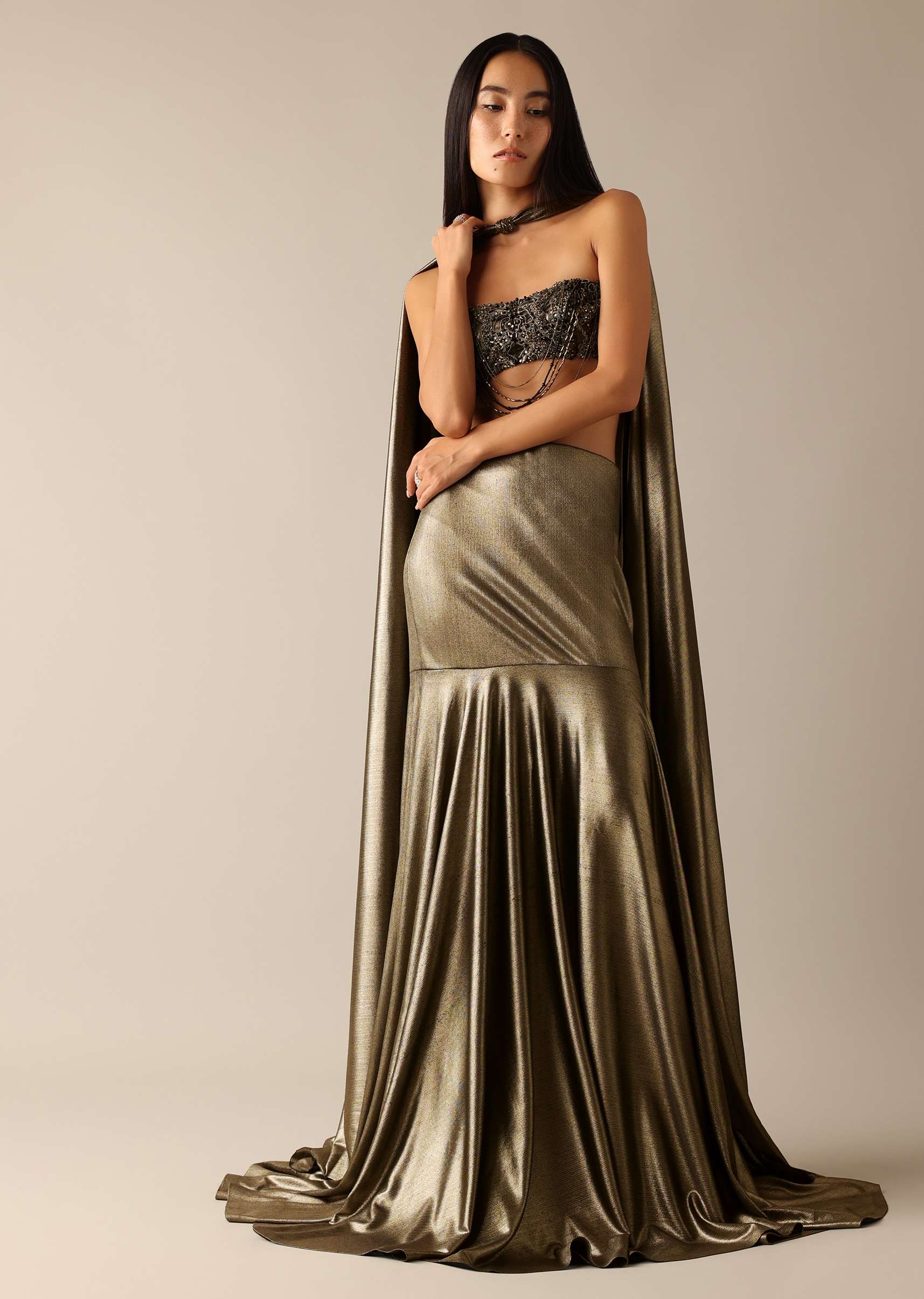 Gold Chain Tassel Blouse And Fishcut Draped Lehenga Set