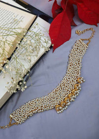Gold Choker Necklace With Shell Pearls And Attached Nano Jhumkas Adorned With Trinkets Of Pearls By Paisley Pop