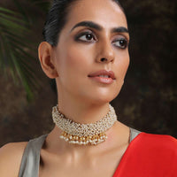 Gold Choker Necklace With Shell Pearls And Attached Nano Jhumkas Adorned With Trinkets Of Pearls By Paisley Pop