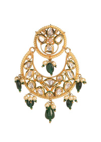 Gold Crescent Danglers With Kundan, Pearls And Green Beads Online - Kalki Fashion