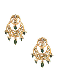 Gold Crescent Danglers With Kundan, Pearls And Green Beads Online - Kalki Fashion