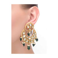Gold Crescent Danglers With Kundan, Pearls And Green Beads Online - Kalki Fashion