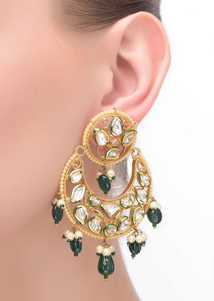 Gold Crescent Danglers With Kundan, Pearls And Green Beads Online - Kalki Fashion