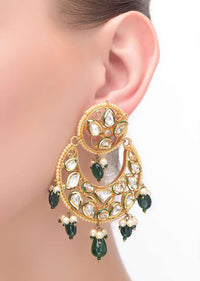 Gold Crescent Danglers With Kundan, Pearls And Green Beads Online - Kalki Fashion