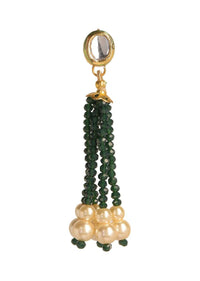 Gold Dangler With Green Beads And Pearl Tassel And Kundan Stud Online - Kalki Fashion