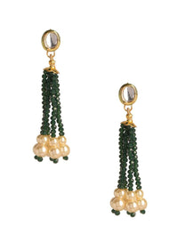 Gold Dangler With Green Beads And Pearl Tassel And Kundan Stud Online - Kalki Fashion