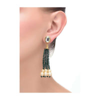 Gold Dangler With Green Beads And Pearl Tassel And Kundan Stud Online - Kalki Fashion