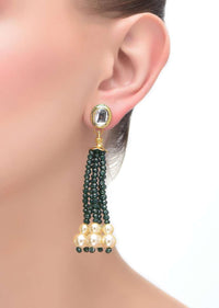 Gold Dangler With Green Beads And Pearl Tassel And Kundan Stud Online - Kalki Fashion