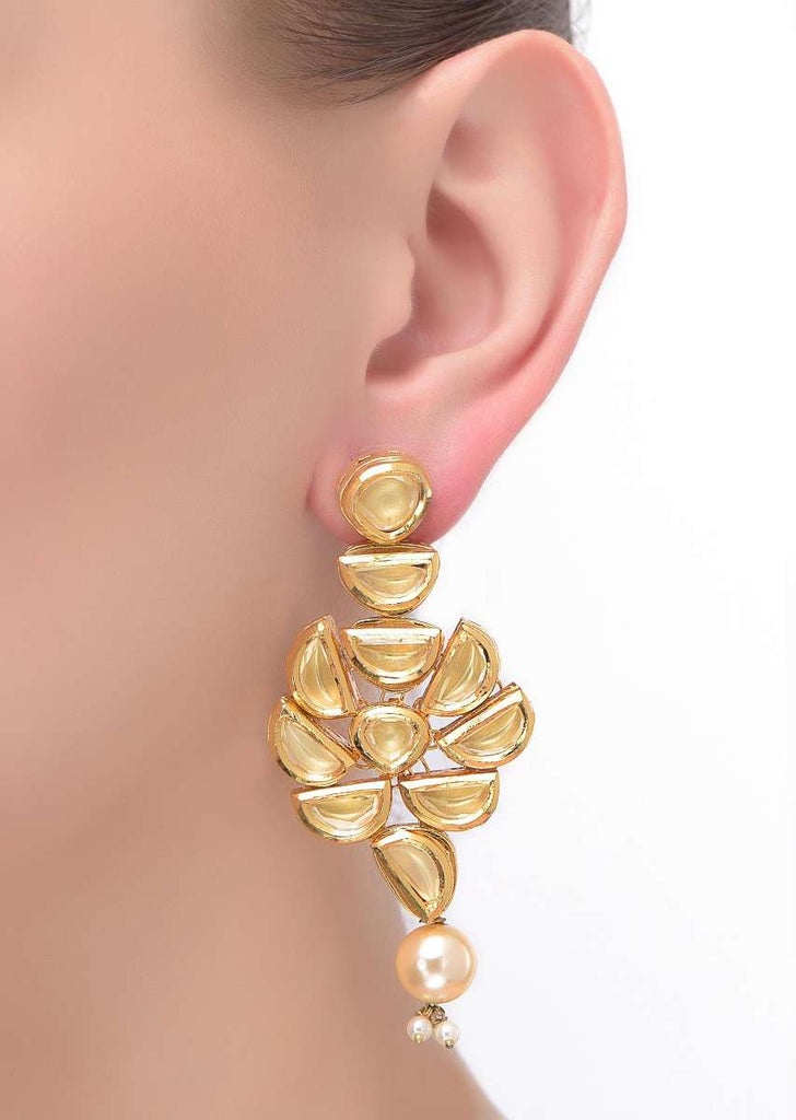 Gold Earrings With Pearls And Kundan Work In Fancy Floral Pattern Online - Kalki Fashion