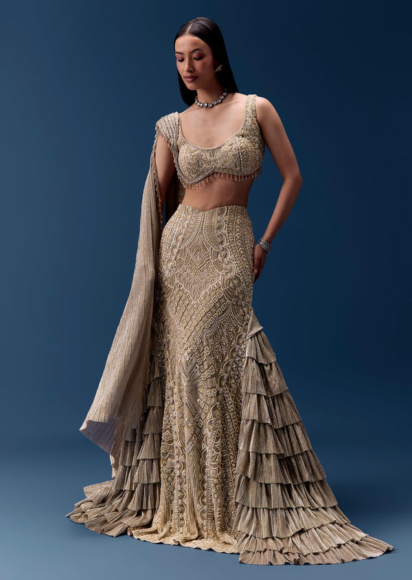 Gold Embellished Draped Blouse with Frill Skirt