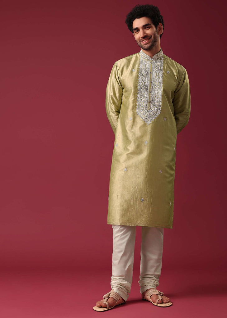 Gold Embroidered Kurta Set In Silk