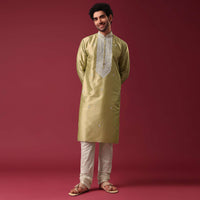 Gold Embroidered Kurta Set In Silk