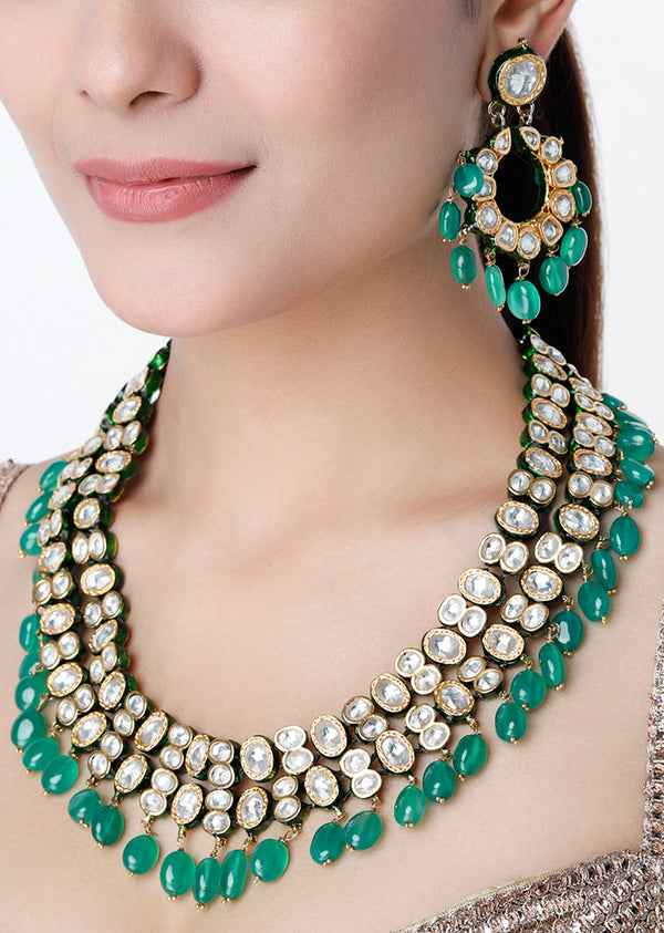 Gold Finish Kundan Polki And Green Onyx Long Necklace Set