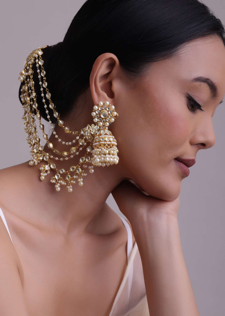 Gold-Finish Kundan Jhumka Earring With Layered Chain In Pearls And Beads