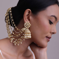 Gold-Finish Kundan Jhumka Earring With Layered Chain In Pearls And Beads