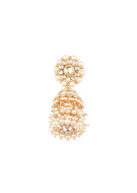 Gold-Finish Kundan Jhumka Earring With Layered Chain In Pearls And Beads