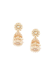 Gold-Finish Kundan Jhumka Earring With Layered Chain In Pearls And Beads